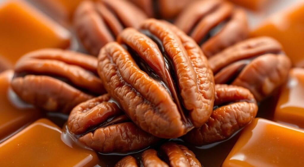 Pecan halves and caramel squares Pecan halves and caramel squares